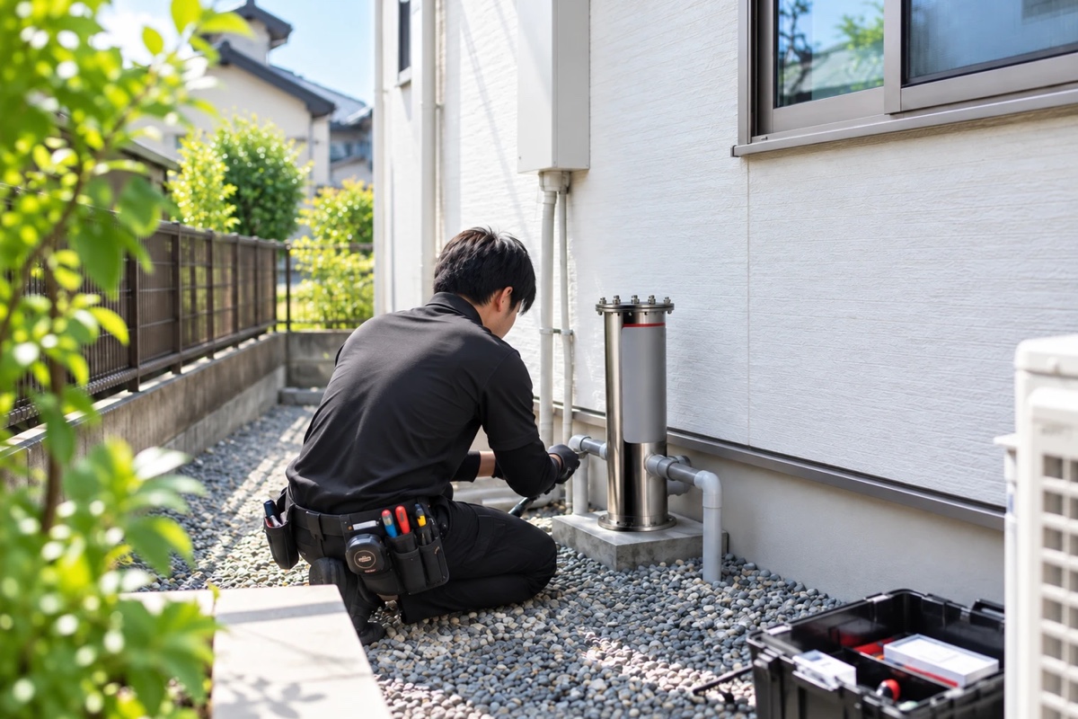 住宅の浄水設備を施工するスタッフ