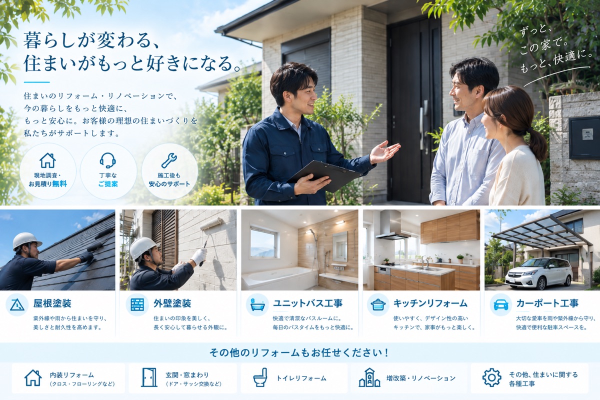 住まいのリフォーム・リノベーションのご提案。屋根塗装・外壁塗装・ユニットバス・キッチン・カーポートなどの工事
